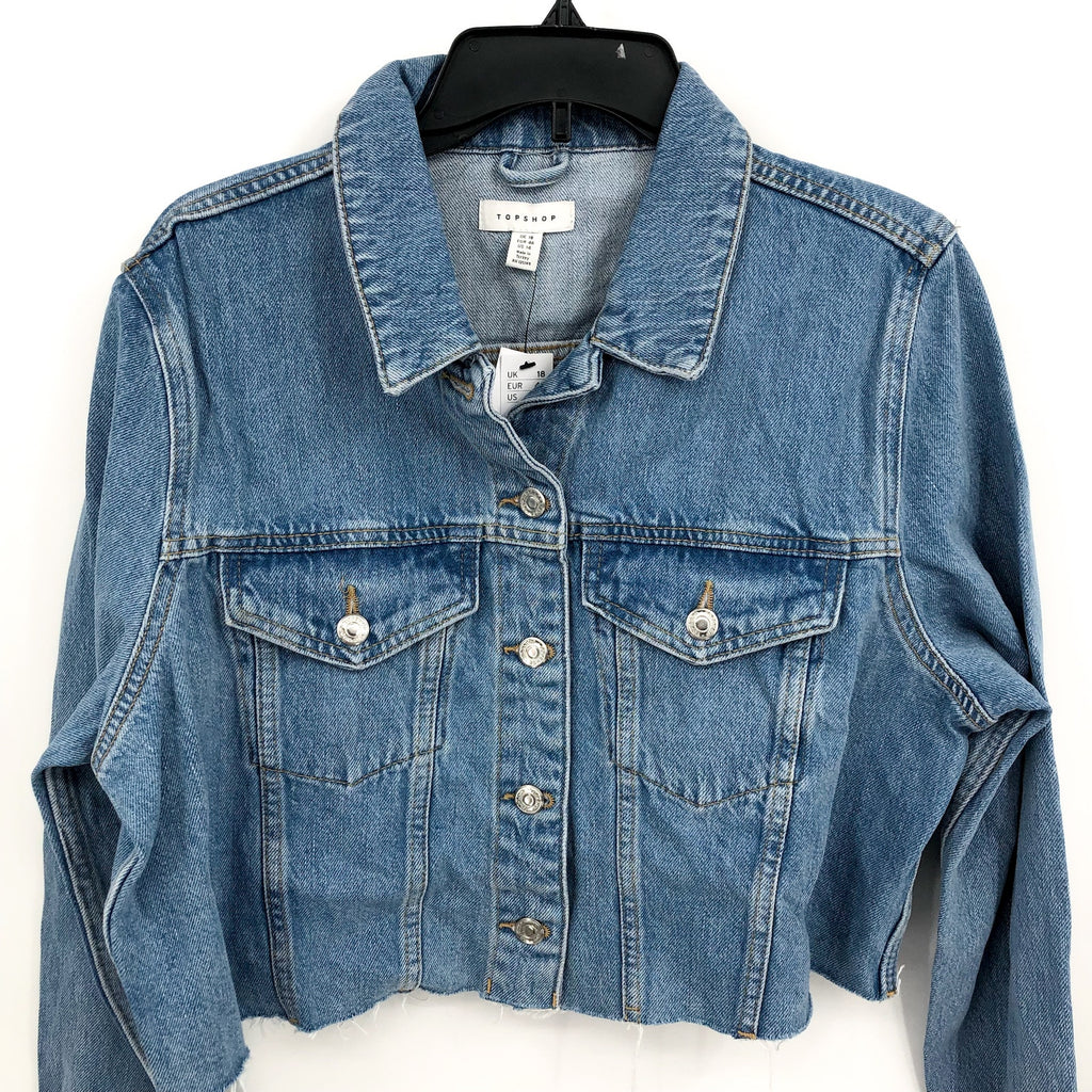 TOPSHOP Womens Cropped Denim Jacket Size 14 Blue Rigid Denim Raw Hem NWT
