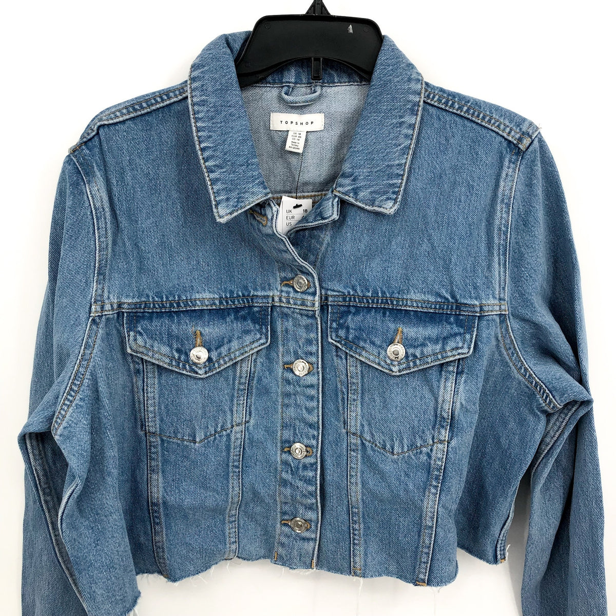 TOPSHOP Womens Cropped Denim Jacket Size 14 Blue Rigid Denim Raw Hem NWT