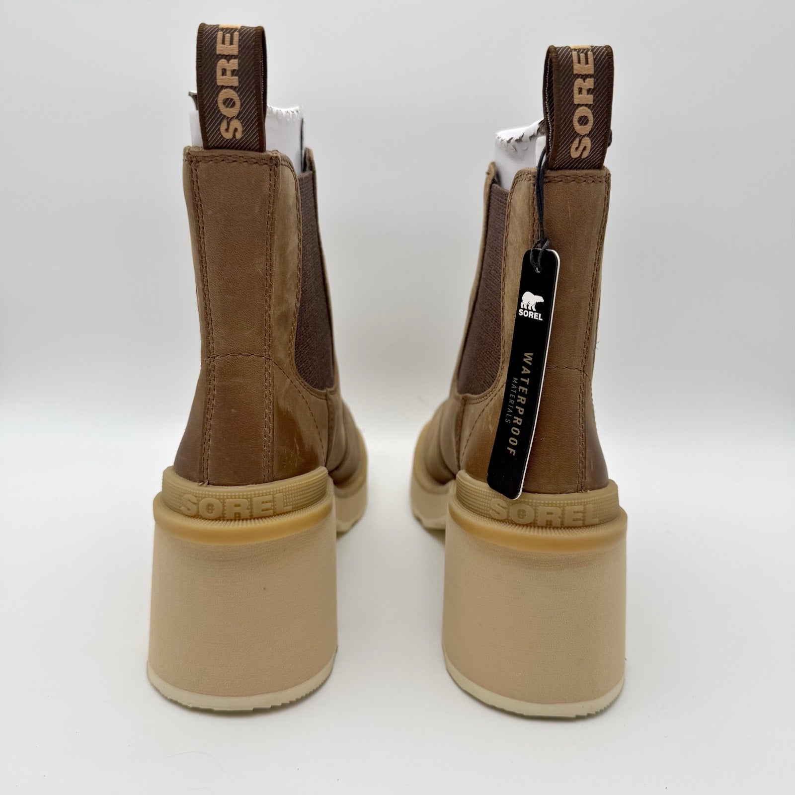 Sorel Womens Hi-Line Heel Chelsea Boots US 7.5 Taupe Tan Leather Waterproof NIB