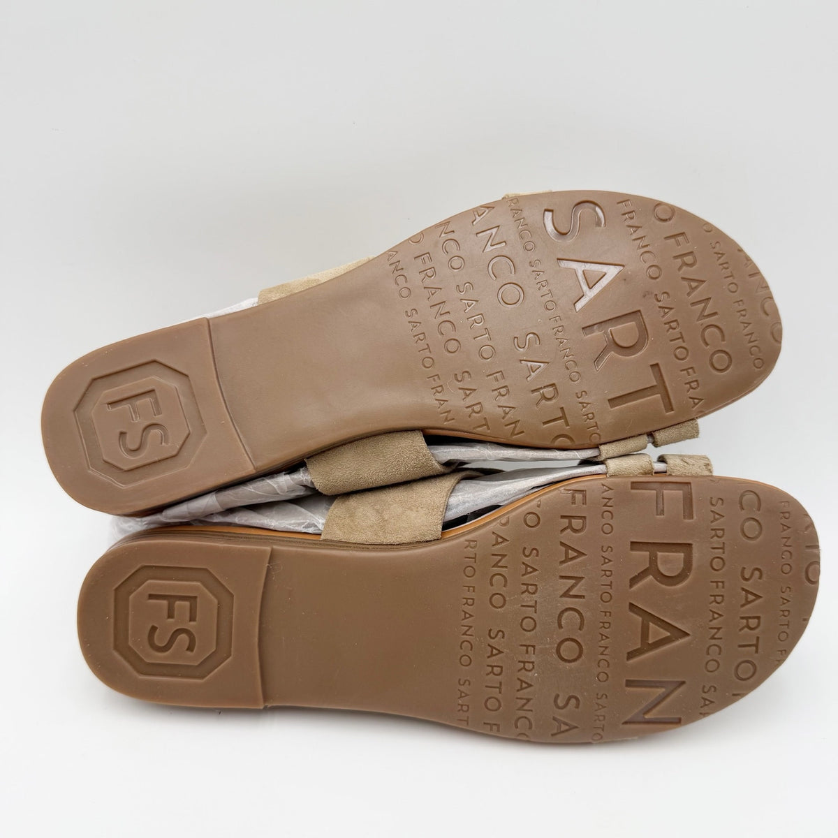Franco Sarto Womens Gia Flat Sandals Size 7.5 M EU 38 Taupe Tan Suede NWOB