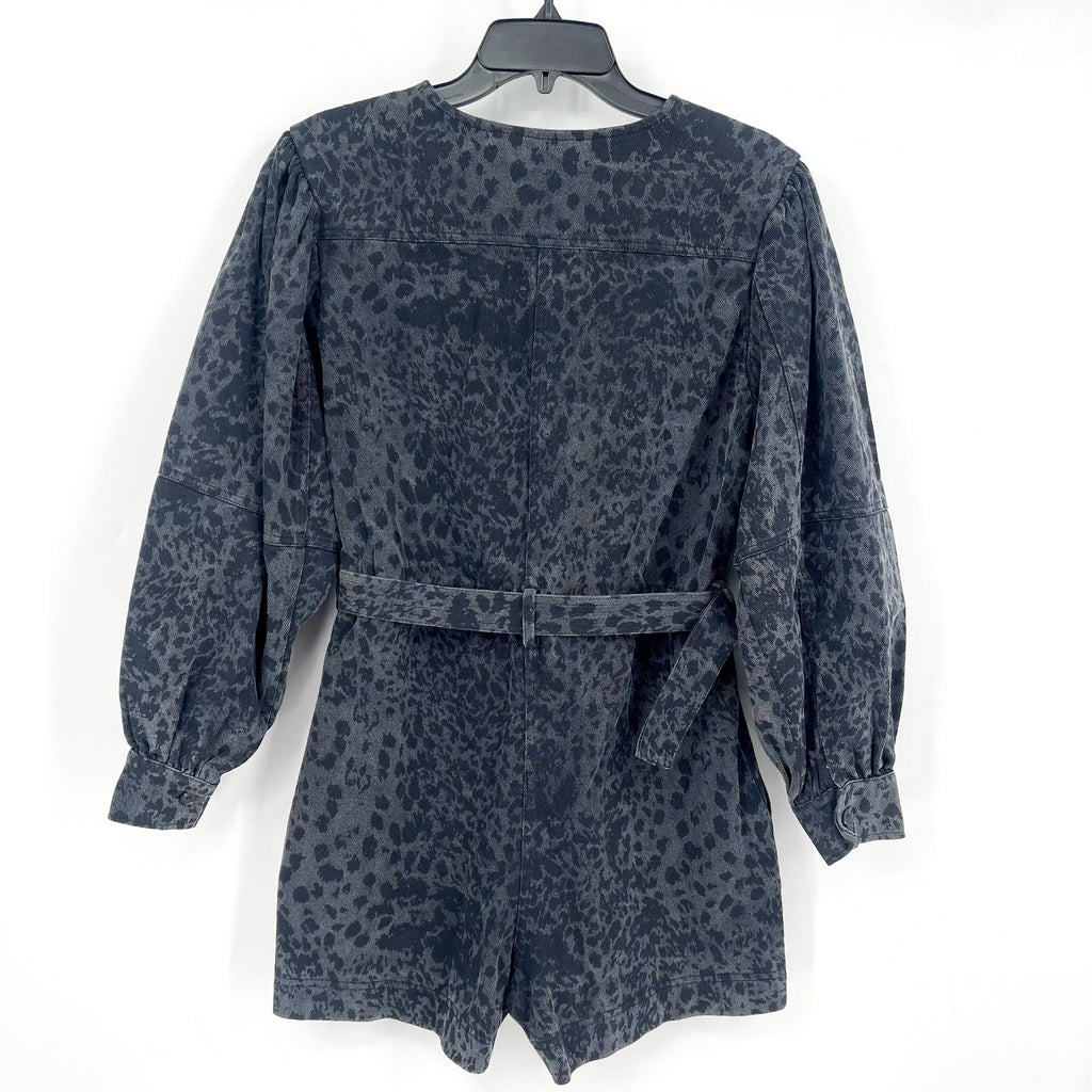 EN SAISON Womens Harlow Denim Romper Small Grey Charcoal Animal Print Belted NWT