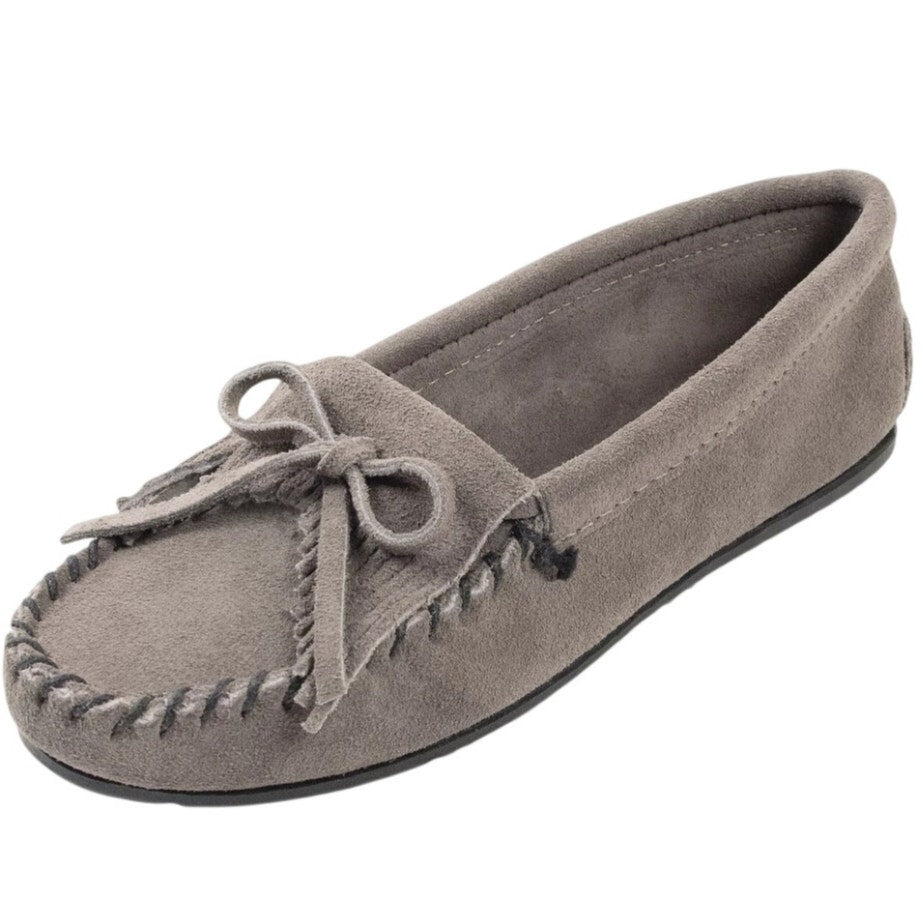 Minnetonka Womens Kilty Hardsole Moccasins Size 8 Grey Suede Slip-On NIB