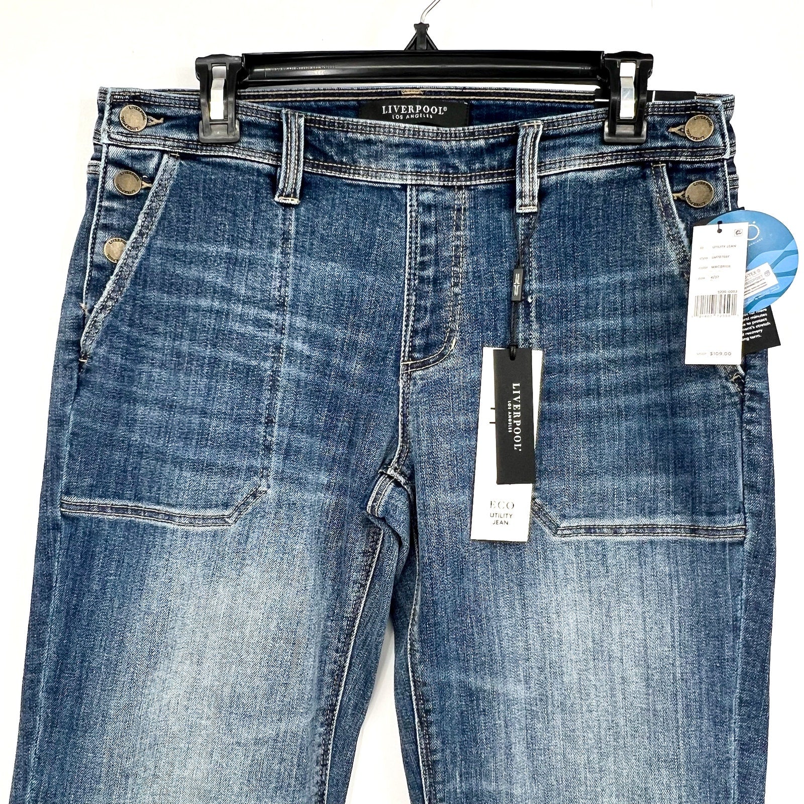 LIVERPOOL Womens Easy Utility Jeans Size 27 US 4 Blue Macbride Side Button NWT