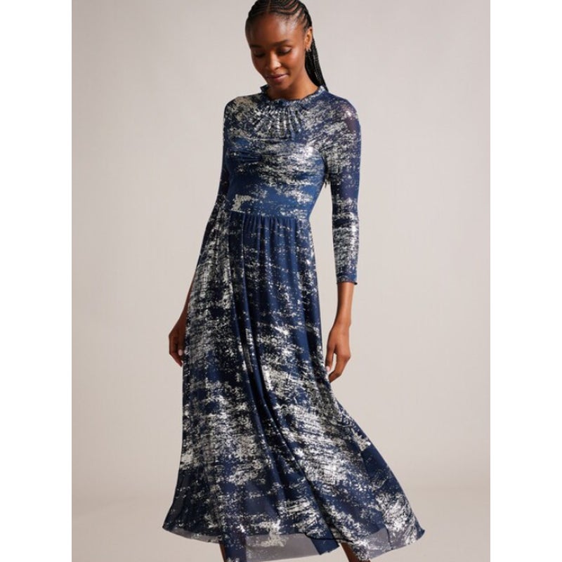 TED BAKER Iggiey Metallic Burnout Midi Dress Large US 12 Navy Blue NWT