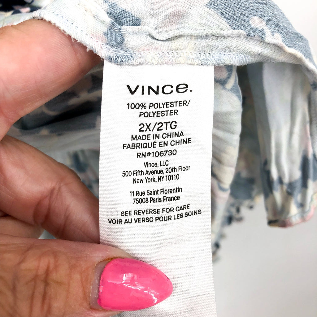 VINCE Women's Pleated Lotus Print Blouse 2X Tide Pool Blue Top Floral NWT