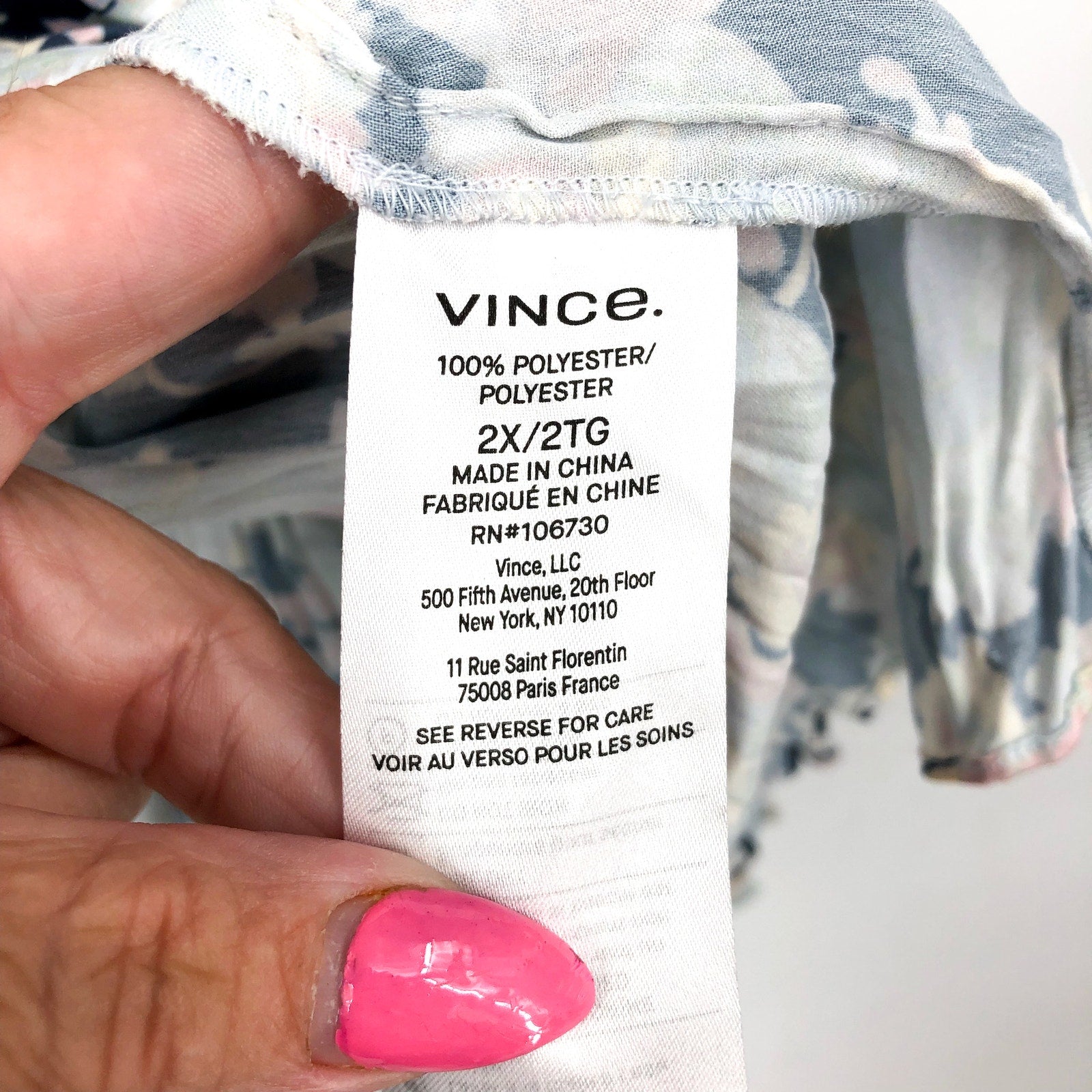 VINCE Women's Pleated Lotus Print Blouse 2X Tide Pool Blue Top Floral NWT