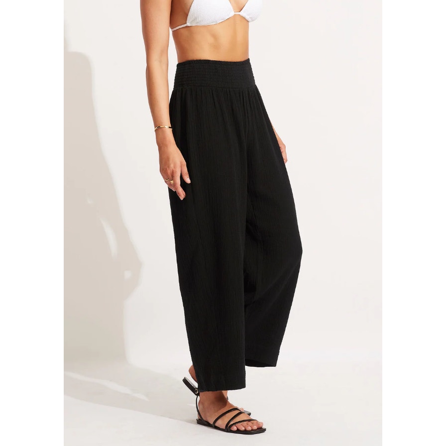 SEAFOLLY Womens Double Cloth Shirring Pants XS Black Pull-On Cover Up Casual NWT