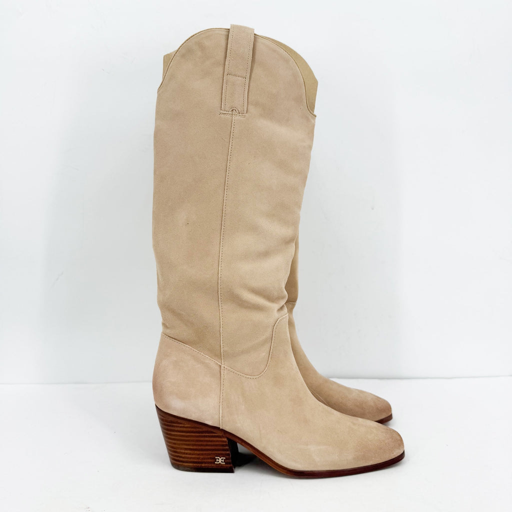 Sam Edelman Womens Britten Western Knee High Boots Size 8 Cream Tan Suede NIB