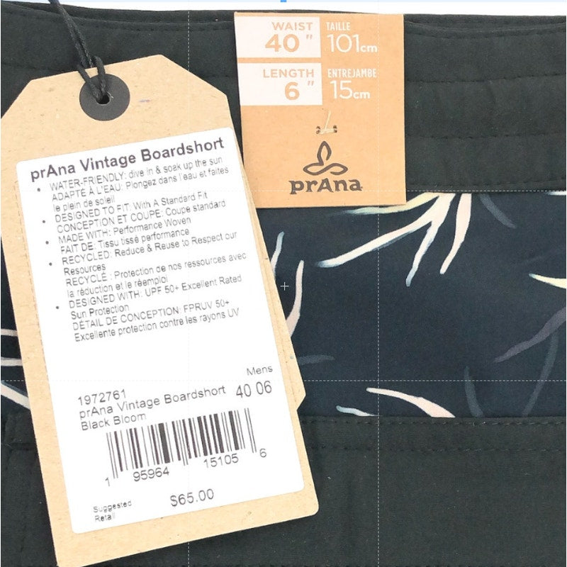 PRANA Men's Vintage Boardshort XXL 40 Black Bloom 6" Inseam Drawstring NWT