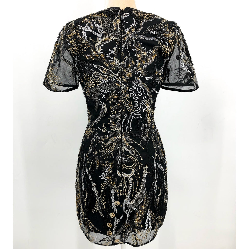DRESS THE POPULATION Sequin Mini Dress Small Black Gold Sheer Sleeves NWOT