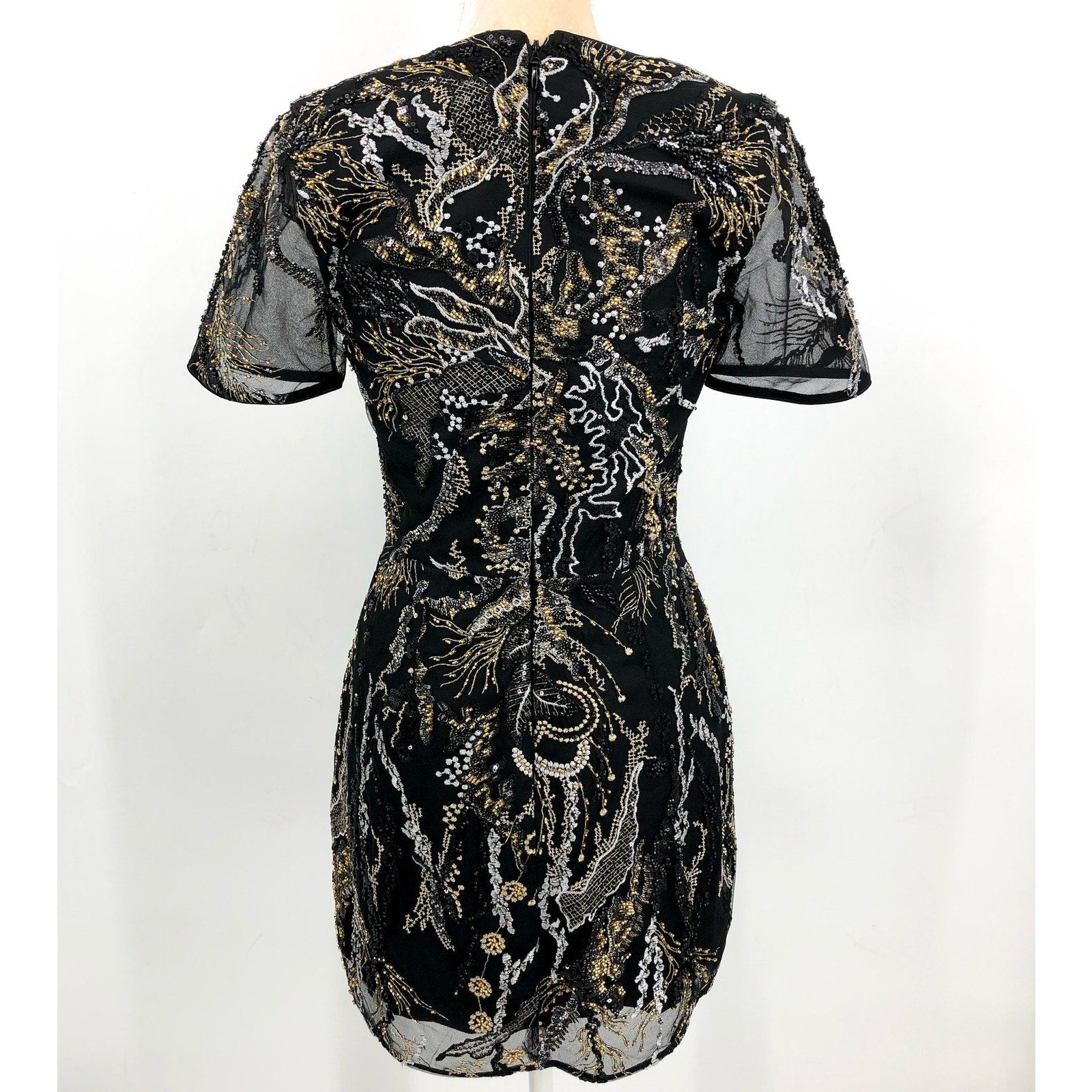 DRESS THE POPULATION Sequin Mini Dress Small Black Gold Sheer Sleeves NWOT