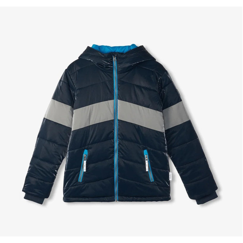 HATLEY Boys Shark Skin Puffer Jacket Size 8 Navy Blue Colorblock Hooded NWT