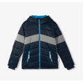HATLEY Boys Shark Skin Puffer Jacket Size 8 Navy Blue Colorblock Hooded NWT