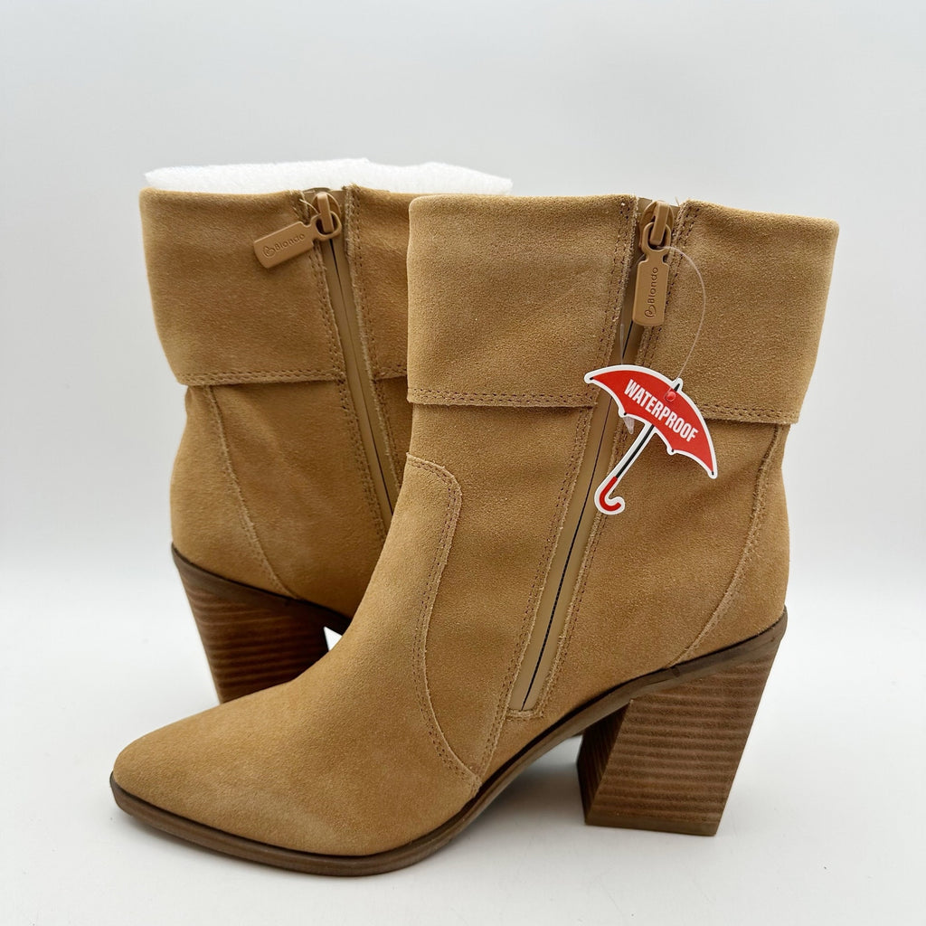 Blondo Womens Sinner Ankle Boots Size 7 Tortilla Tan Suede Waterproof Heels NIB