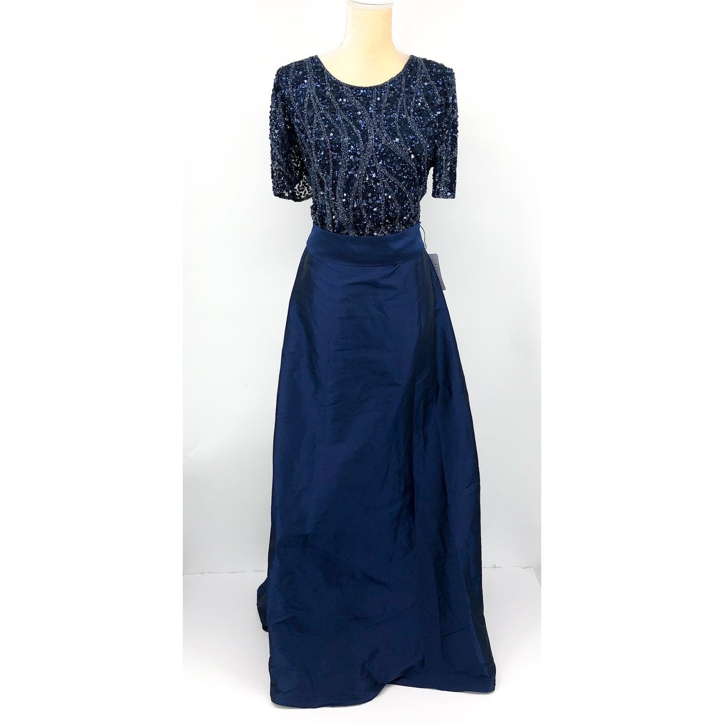 PISARRO NIGHTS Mesh Beaded Sequin Taffeta Skirt Gown Size 20 Navy Blue NWT