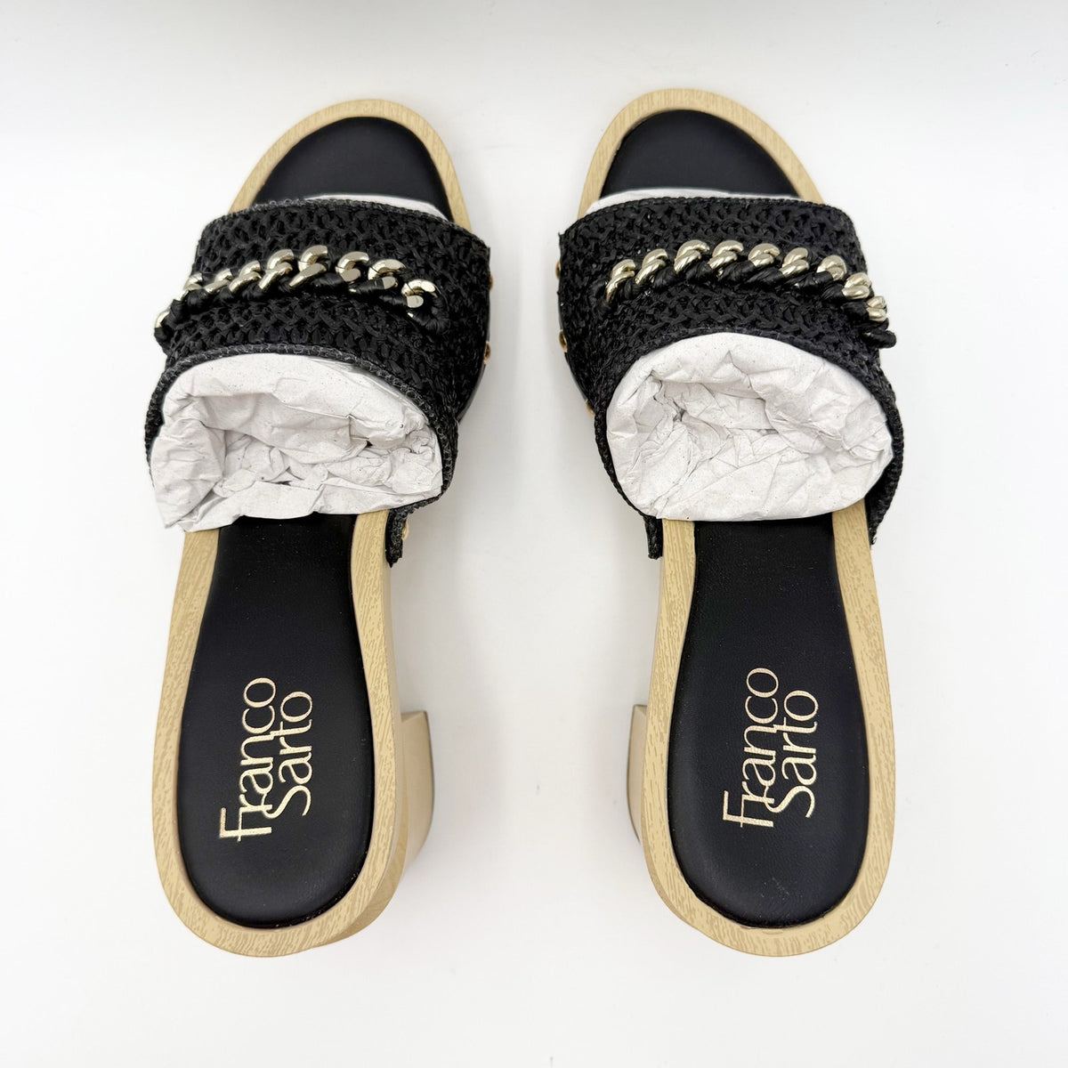 Franco Sarto Womens Capri Dressy Heeled Sandals Size 8 M Black Natural Wood NIB