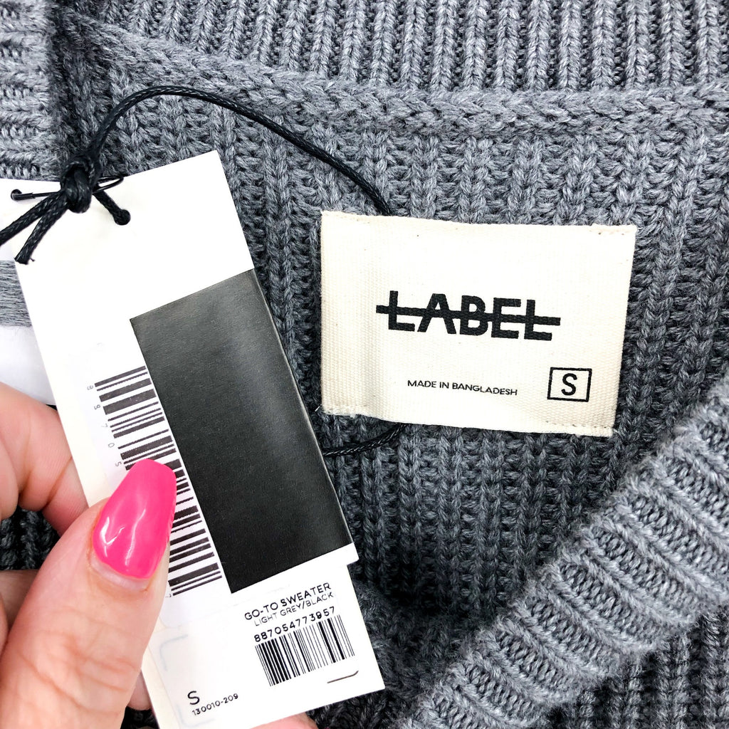 LABEL Mens Go-To Sweater Small Light Grey Black Knit Crewneck MERINO WOOL NWT