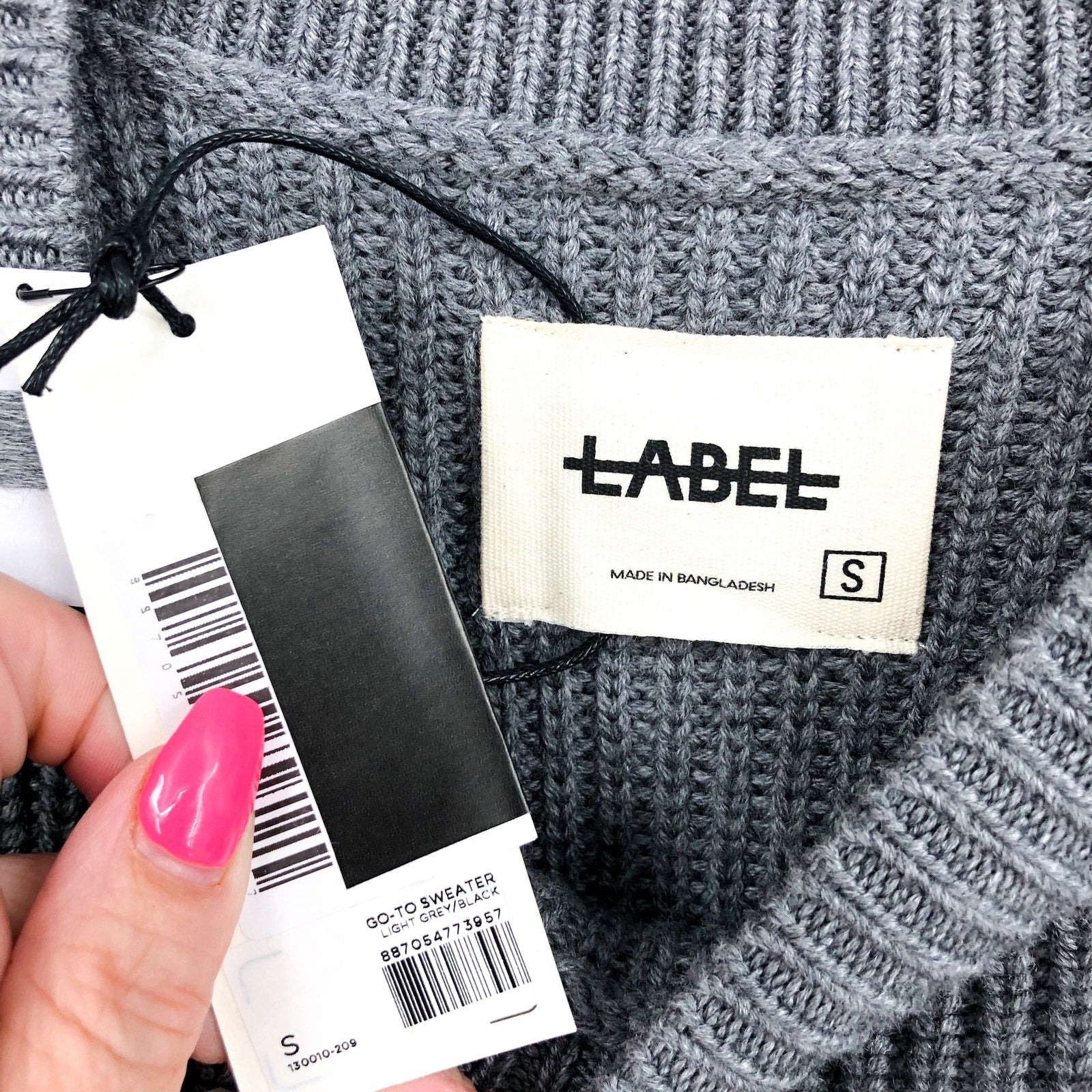 LABEL Mens Go-To Sweater Small Light Grey Black Knit Crewneck MERINO WOOL NWT