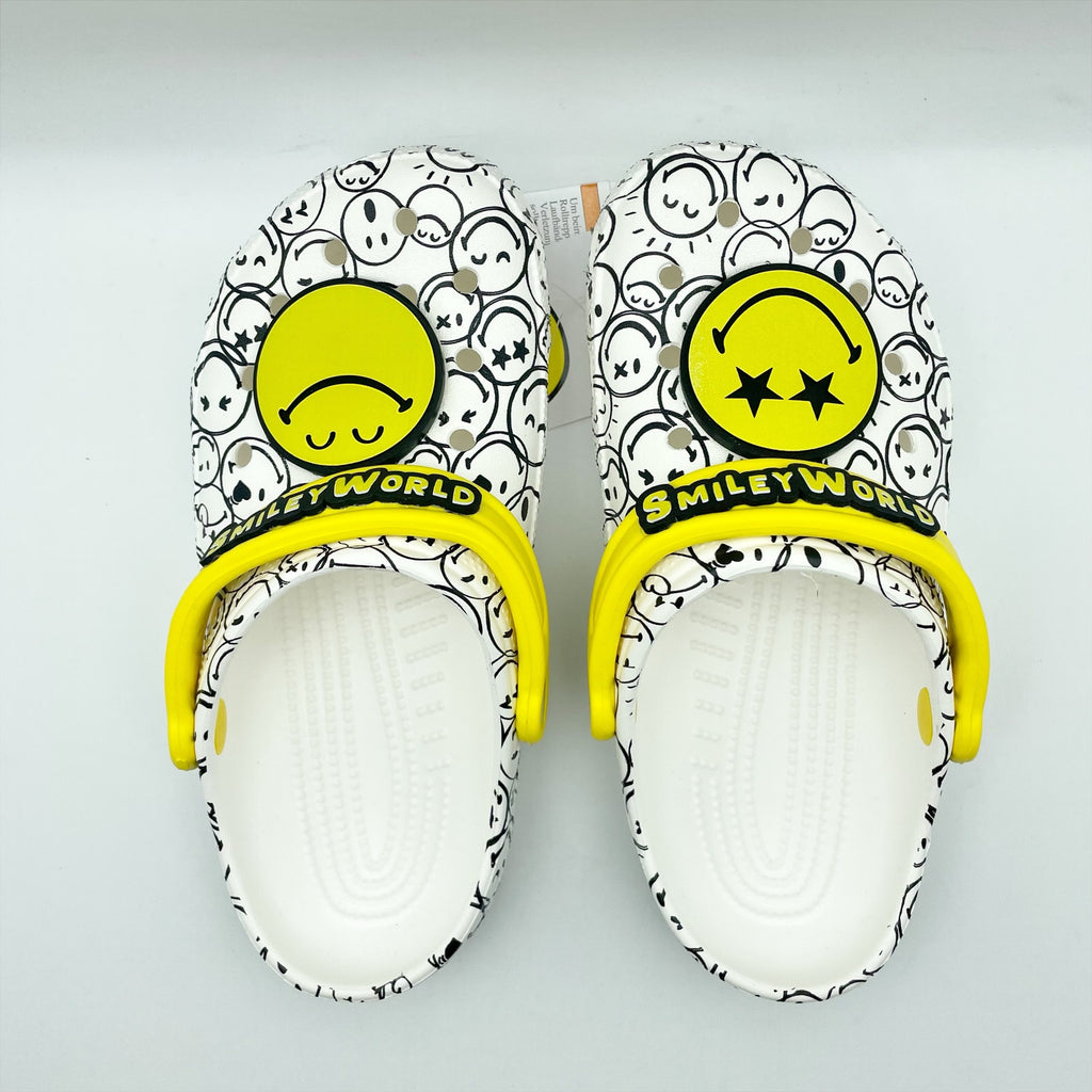 Crocs Smiley World Clogs Kids 4 Youth WOMENS 6 White Yellow NWT