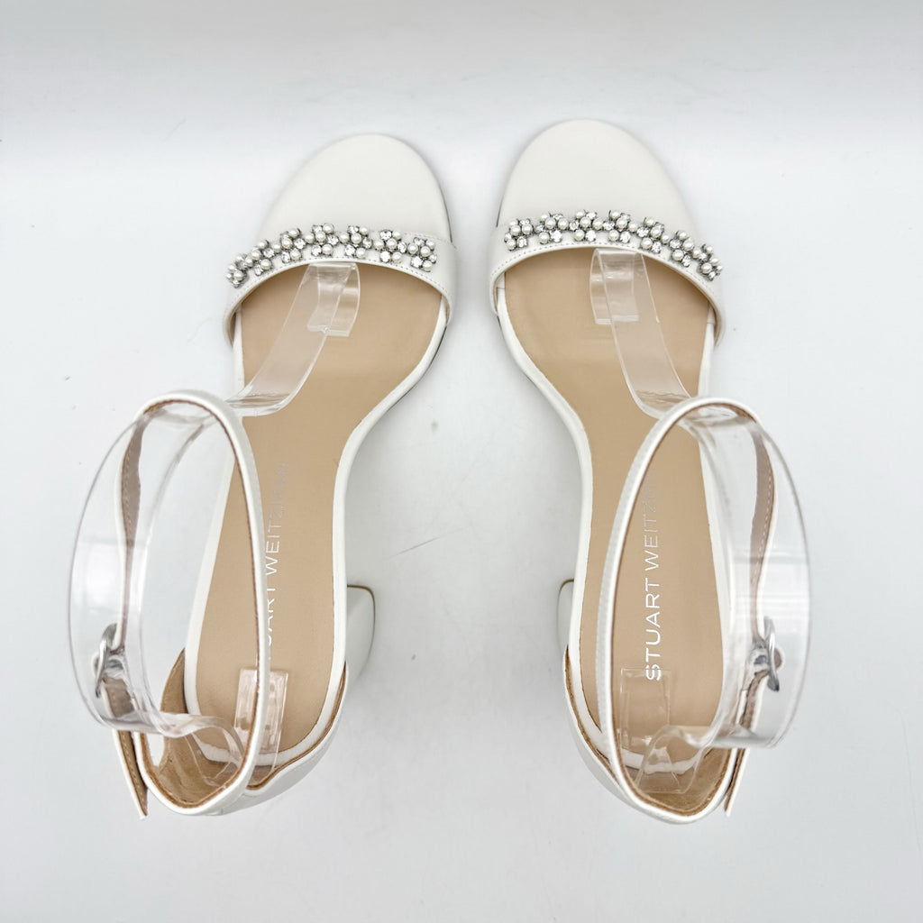Stuart Weitzman Women Nudist Poppy 75 Block Heel Sandal US 8.5 White Leather NIB