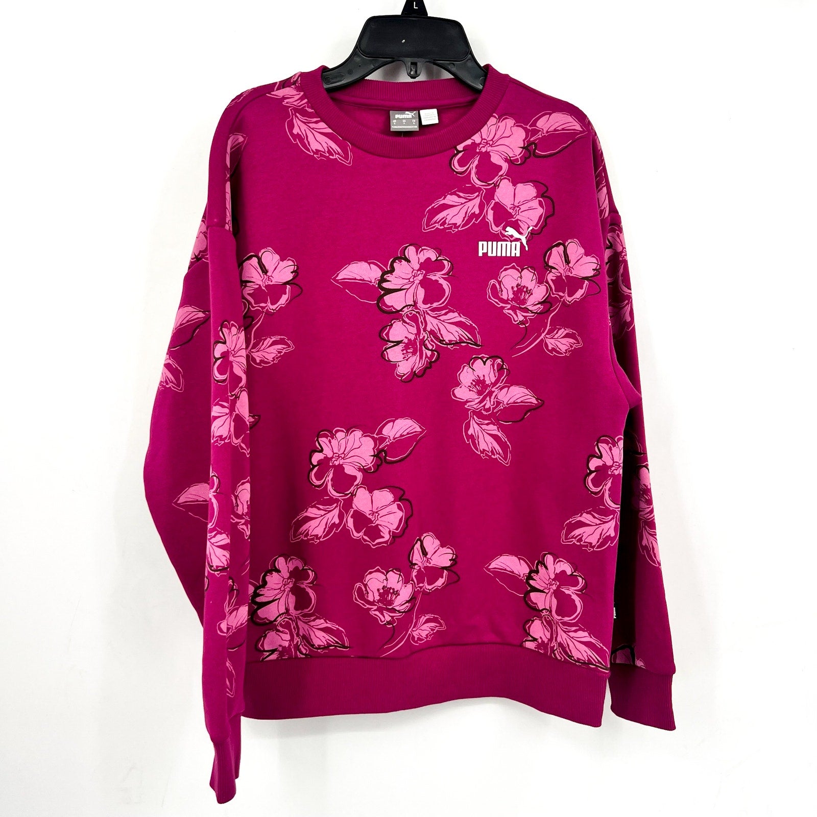 PUMA Women's Essentials Floral Vibes Sweatshirt Small Pink Magenta Crewneck NWT