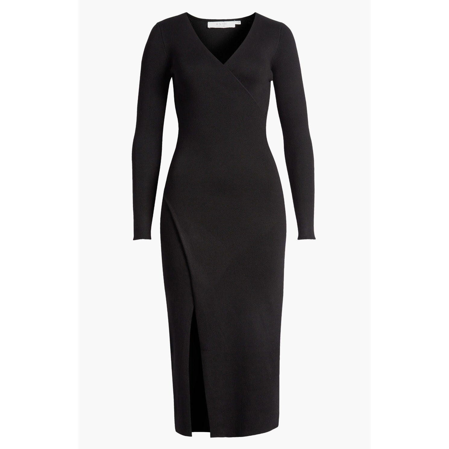 ASTR The Label Cross Front Slit Long Sweater Dress Large Black Knit VNeck NWT