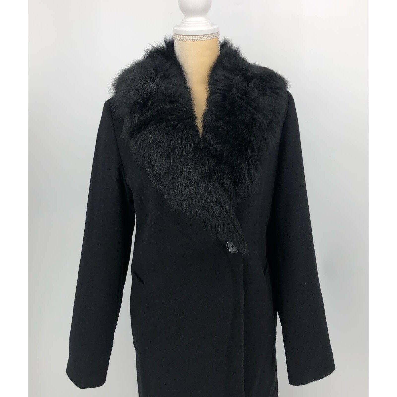 Sofia Cashmere Women Long Full Length Coat 6 Black Fur Collar Wool Cashmere NWOT
