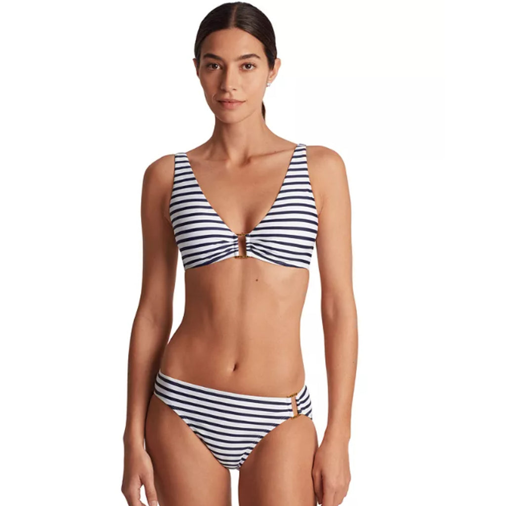 LAUREN RALPH LAUREN Luxe Ring Front Bikini Top Size 8 Navy Blue White Stripe NWT