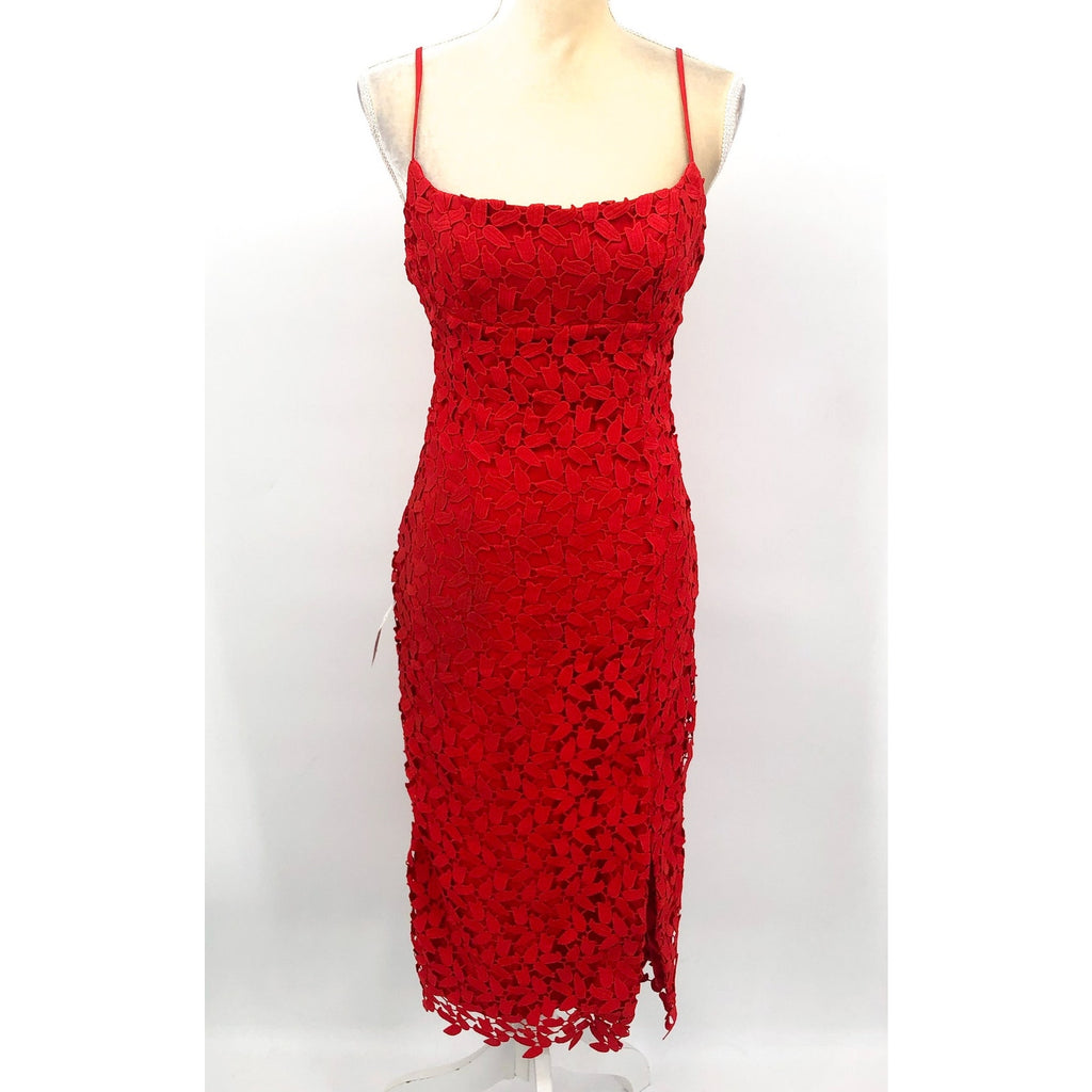 BARDOT Ariel Leaf Lace Midi Dress US Size 10 Large Lipstick Red Revolve NWT