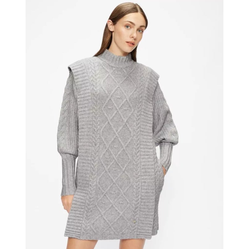 TED BAKER Women's Arriaa Cable Sweater Dress US 8 Ted 3 Grey High Neck NWOT