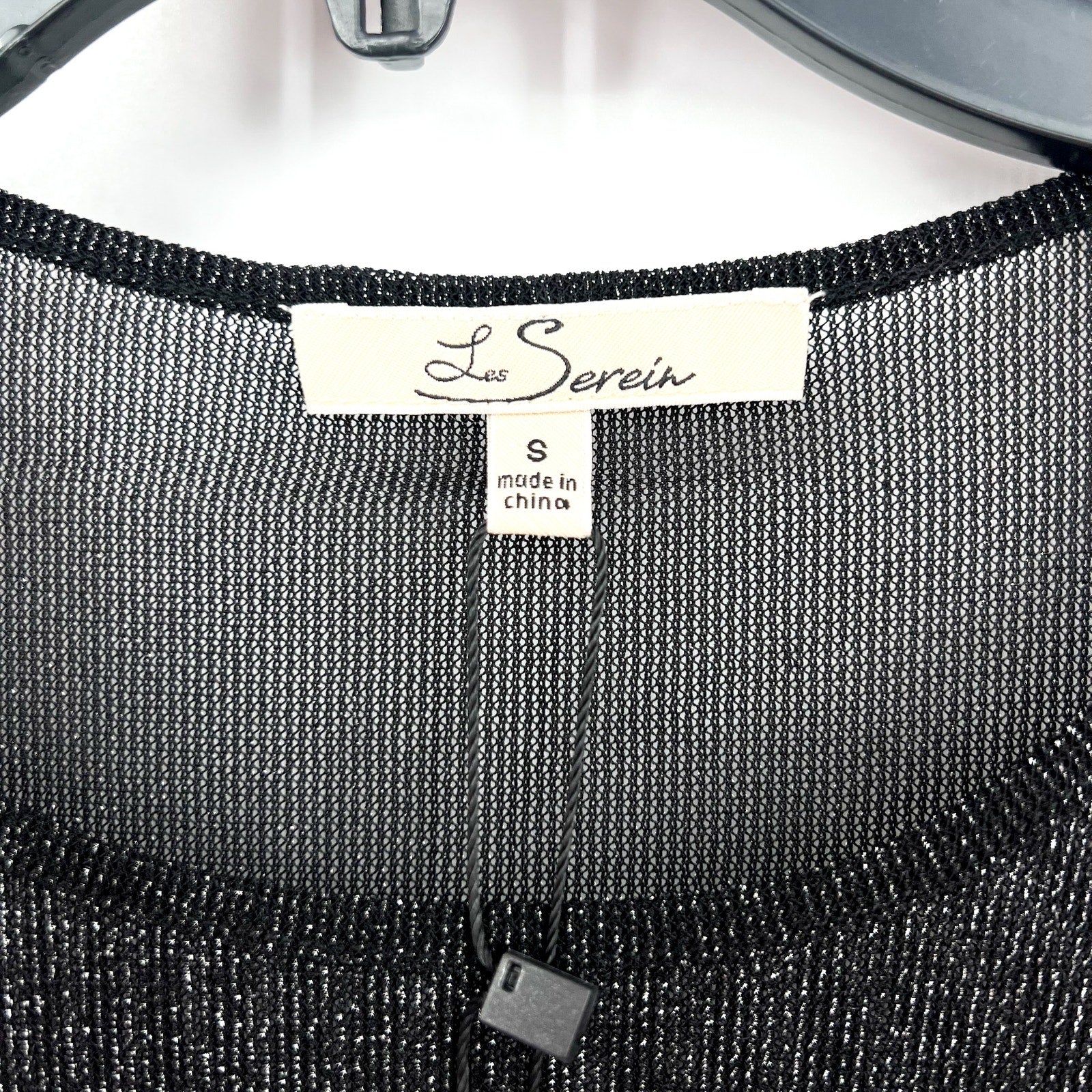 LES SEREIN Long Sleeve Glitter Mesh Sheer Top Small Black Silver Metallic NWT