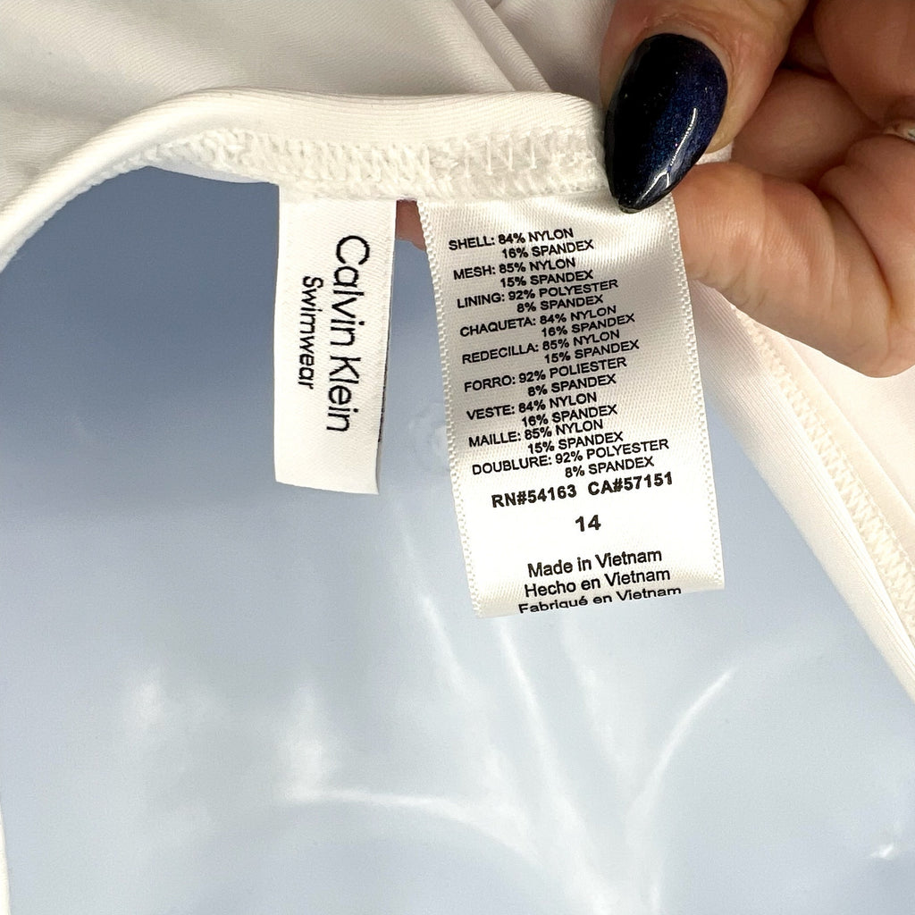 CALVIN KLEIN Women's High Neck Cutout One Piece Swimsuit Size 14 White NWT