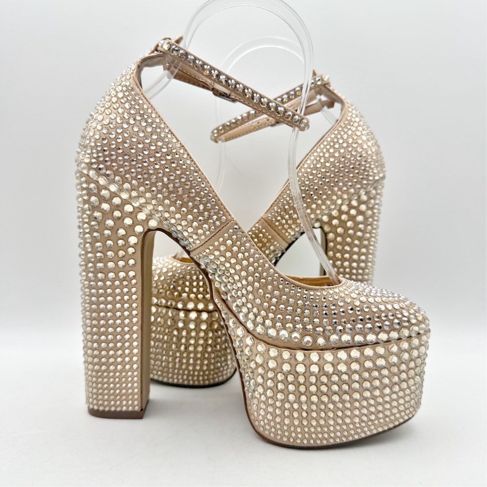 Steve Madden Womens Skyrise Platform Pumps US 6 M Tan Rhinestone NWOB