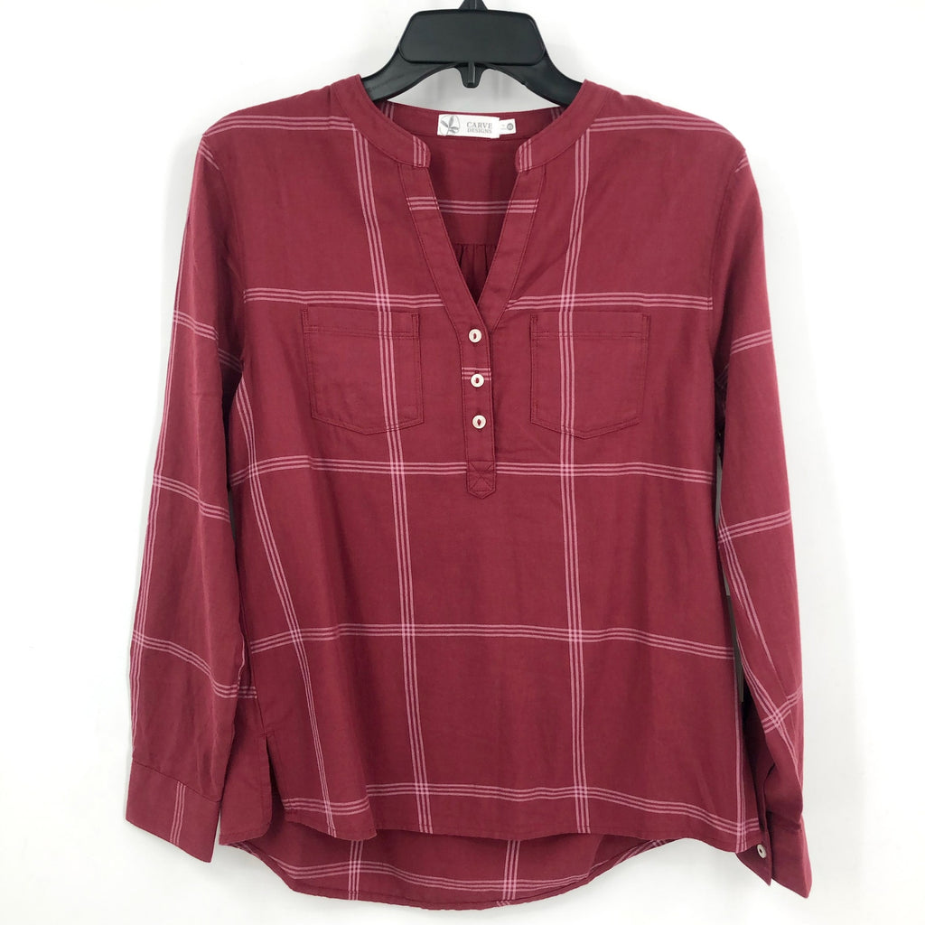 CARVE DESIGN Women's Dylan Twill Shirt XS Red Brick Windowpane V Neck NWT