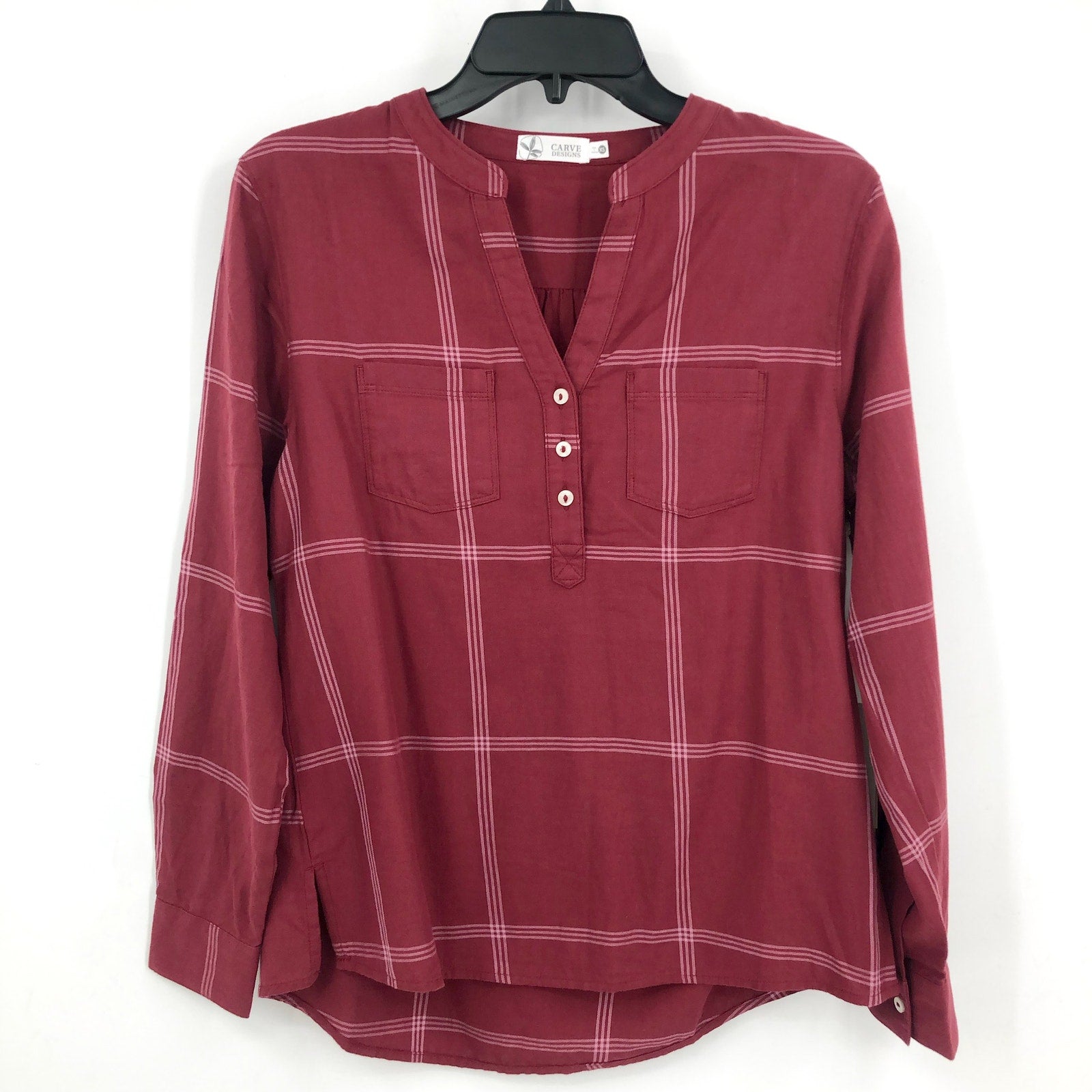 CARVE DESIGN Women's Dylan Twill Shirt XS Red Brick Windowpane V Neck NWT