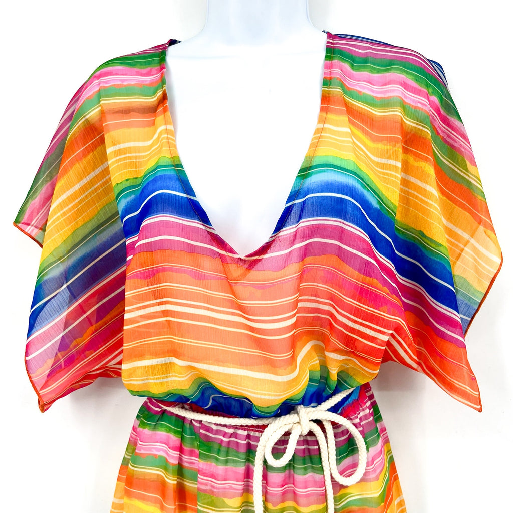 BECCA Shoreline Tunic Beach Cover Up XS-S Rainbow Multi Belted Chiffon NWT