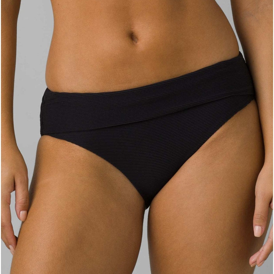 PRANA Women's Marta Bikini Bottom Large Black Ottoman Ribbed Fold Over Band NWT