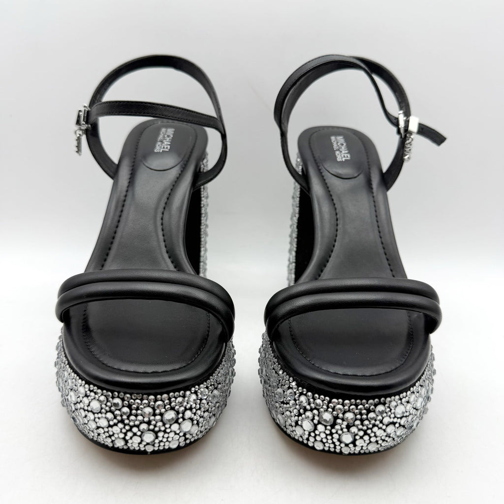 Michael Kors Women Laci Platform Heel Sandal 9.5 Black Leather Embellished NWOB