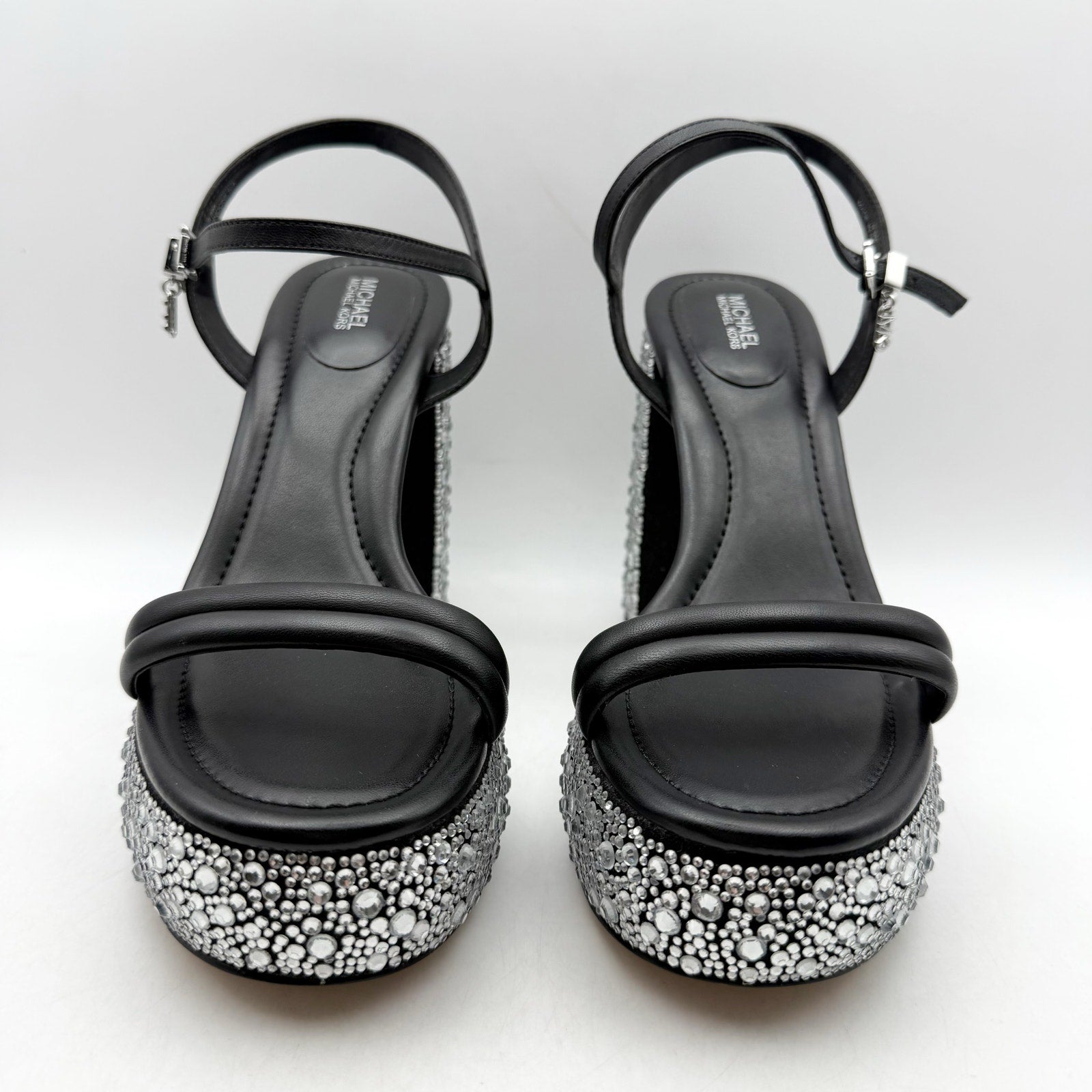 Michael Kors Women Laci Platform Heel Sandal 9.5 Black Leather Embellished NWOB