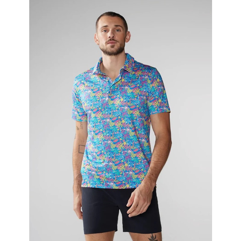CHUBBIES Mens Performance Polo Large Blue Multi Tropical Bunch Short Sleeve NWT