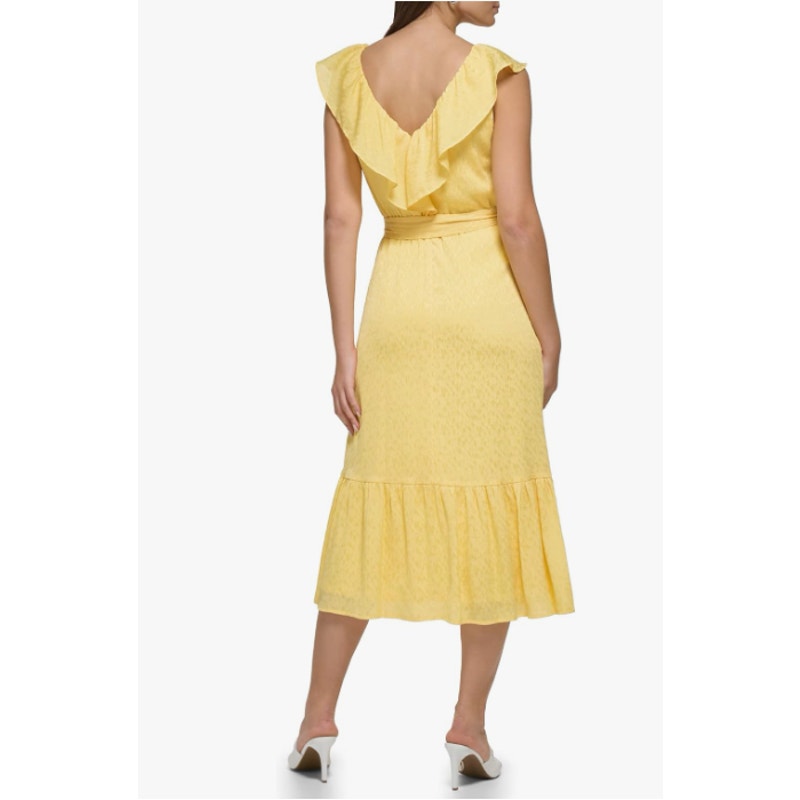 DKNY Womens Ruffle V-Neck Dress Size 16 Yellow Lemonade Tie Waist NWT