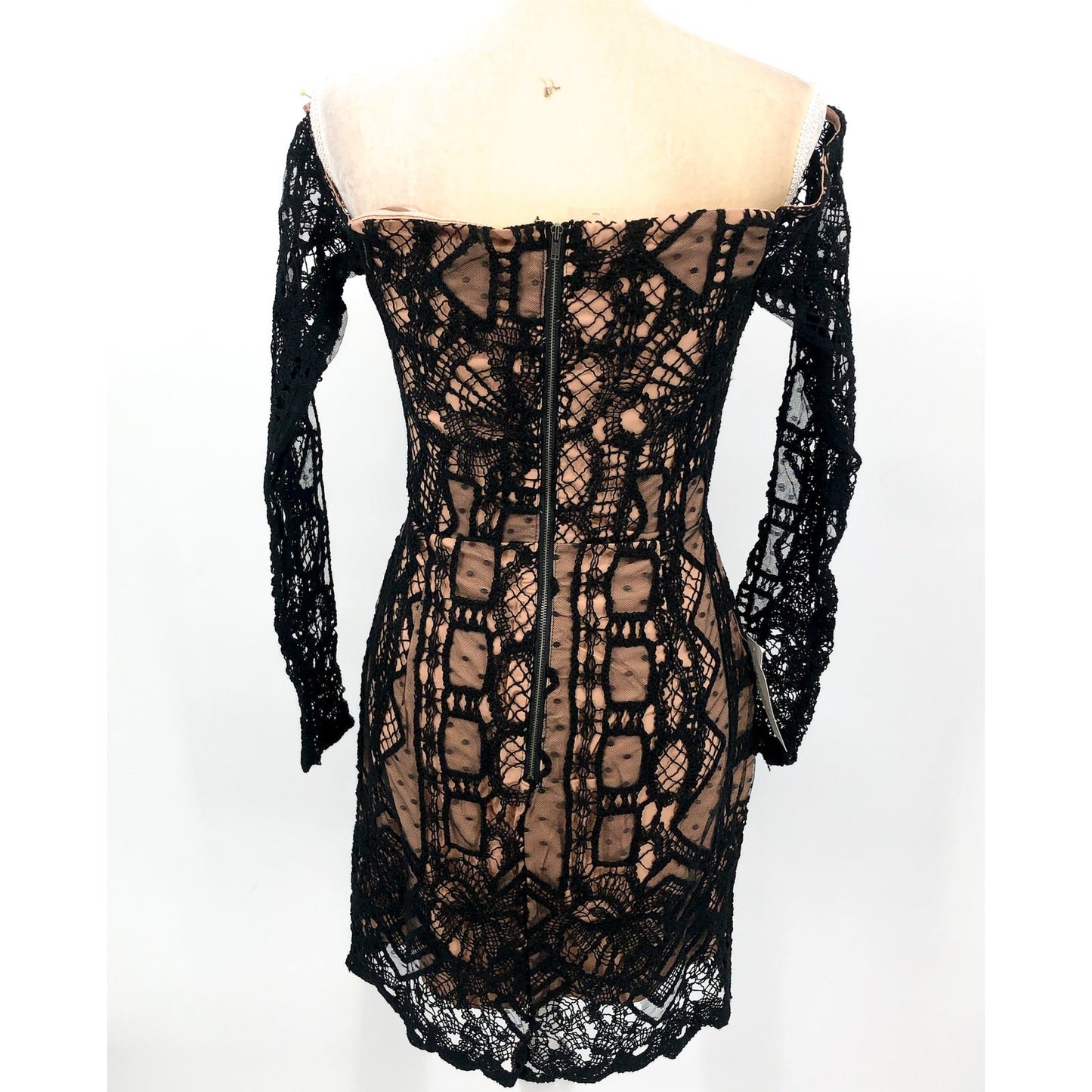 BARDOT Women's Zendaya Mini Lace Dress US 8 Large Black Nude Off Shoulder NWT