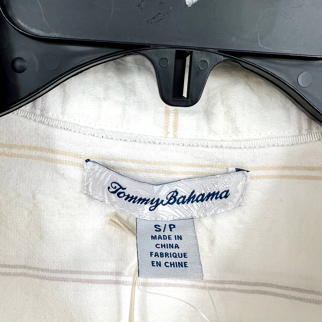 TOMMY BAHAMA Womens Palm View Popover Top Small White Linen-Blend Striped NWT