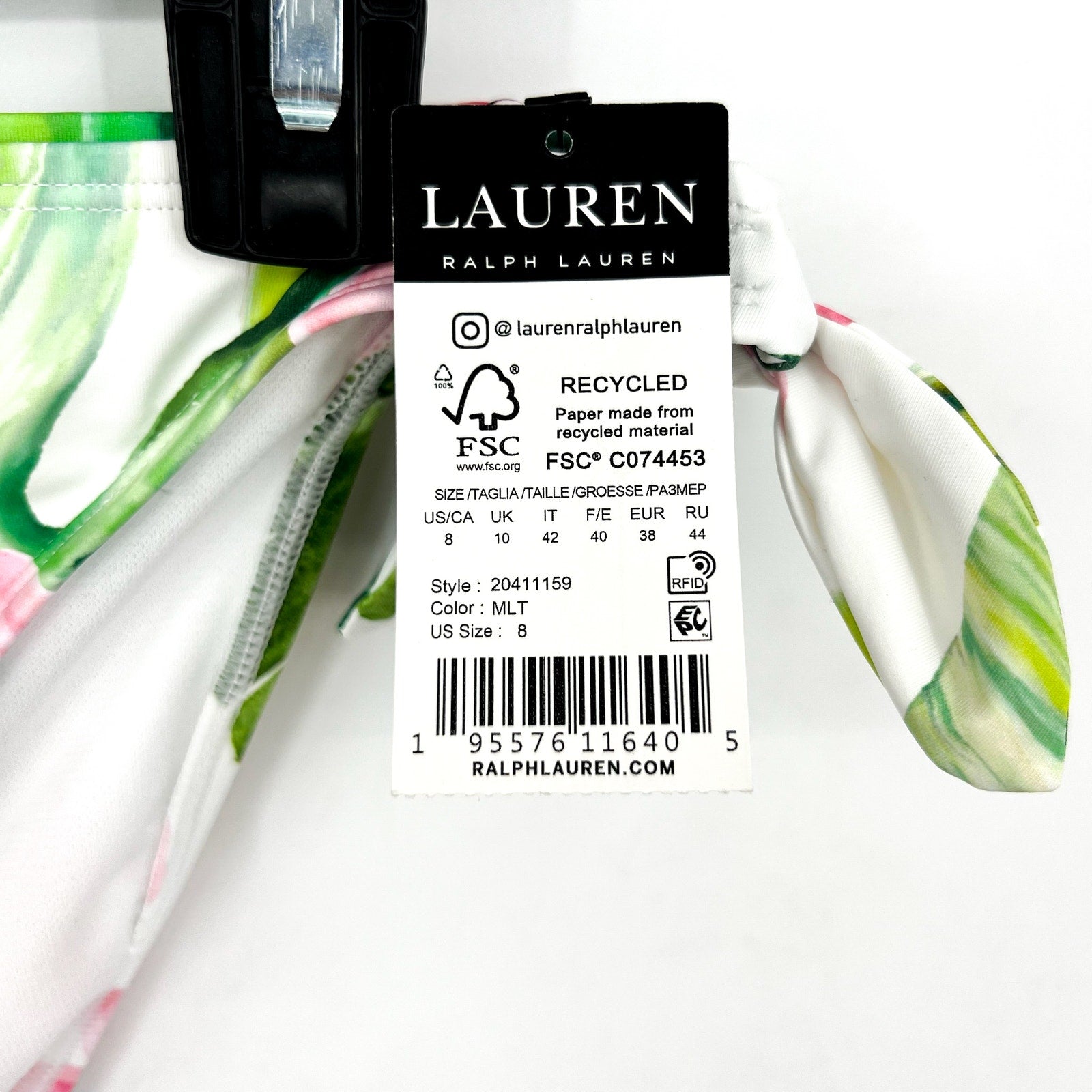 LAUREN RALPH LAUREN Hipster Bikini Bottom Size 8 White Pink Floral Side-Tie NWT