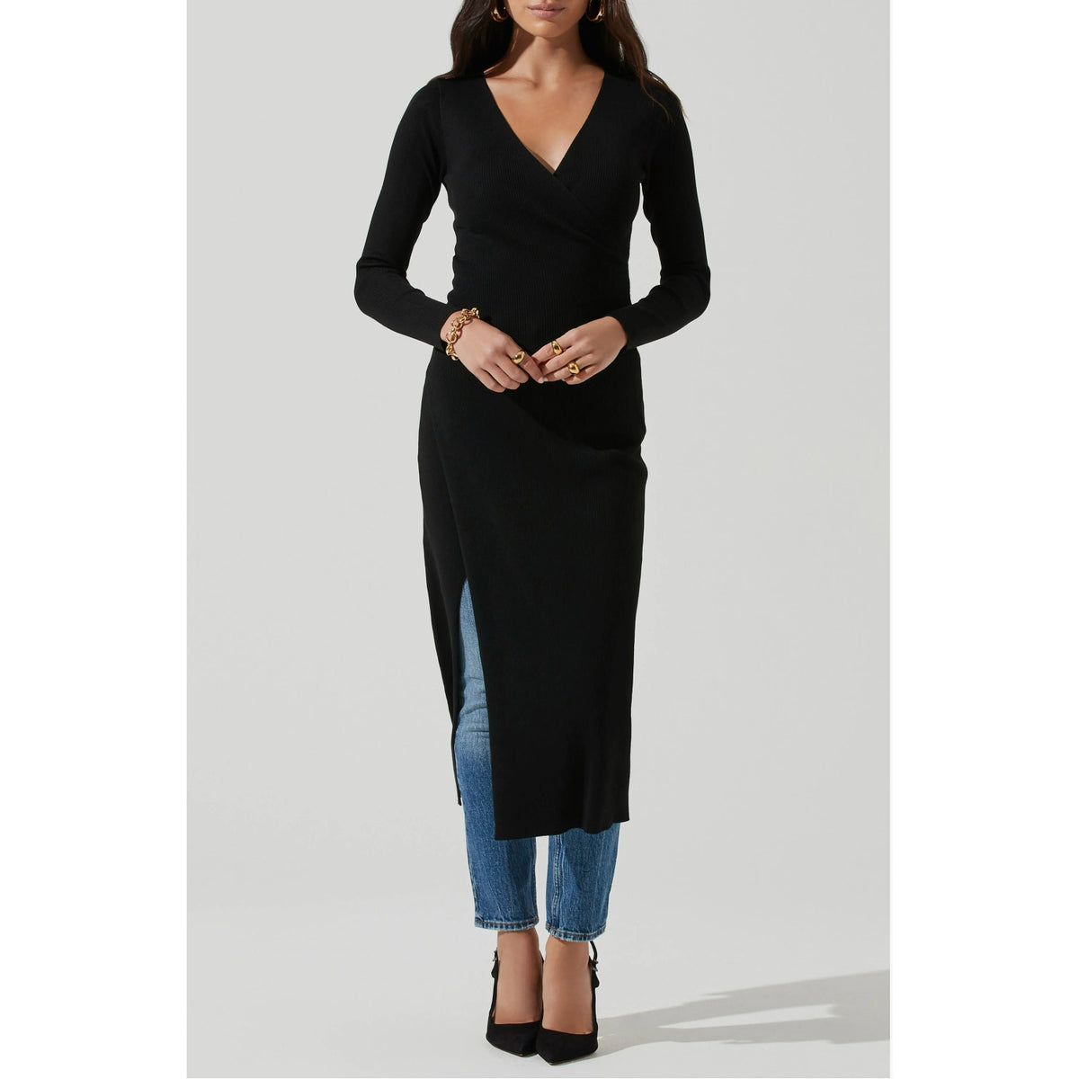 ASTR The Label Cross Front Slit Long Sweater Dress Large Black Knit VNeck NWT