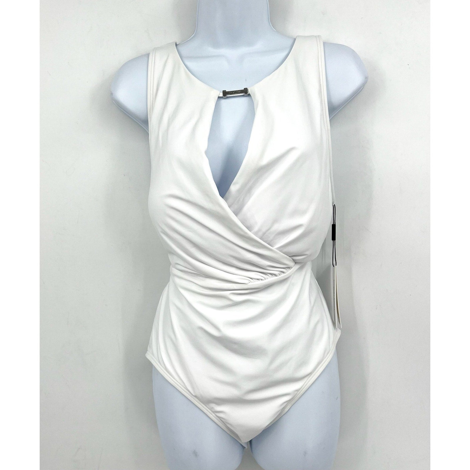 CALVIN KLEIN Women's High Neck Cutout One Piece Swimsuit Size 14 White NWT