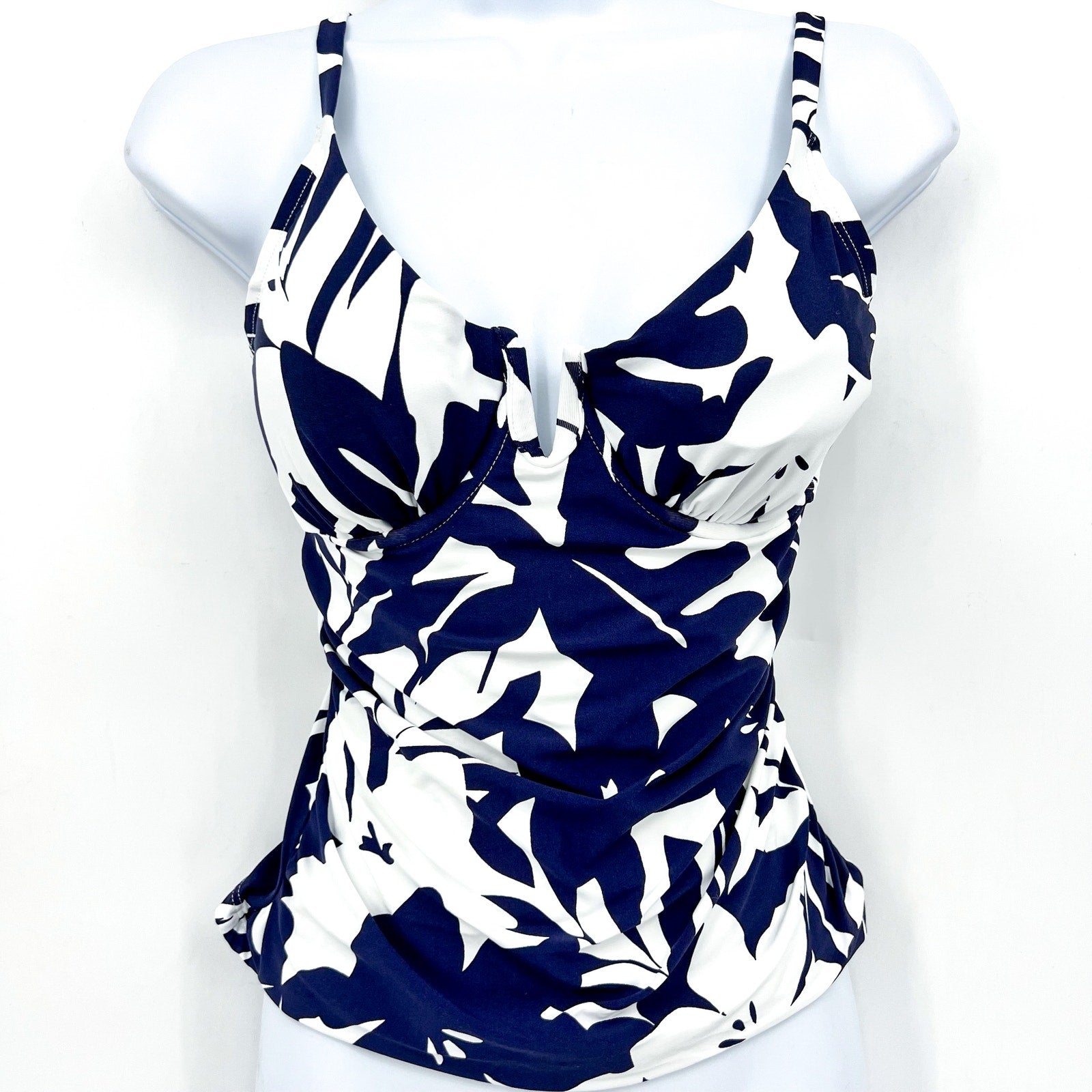 ANNE COLE Womens Tankini Swim Top 32DD - 34D Blue White Coastal Palms V-Wire NWT