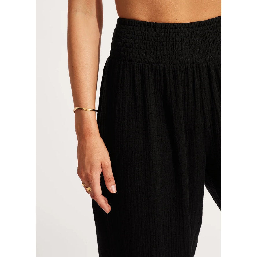 SEAFOLLY Womens Double Cloth Shirring Pants XS Black Pull-On Cover Up Casual NWT