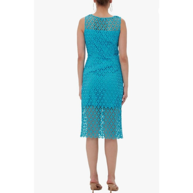 TRINA TURK Eleanor Midi Sheath Dress Size 6 Blue Grotto Crochet Sleeveless NWT