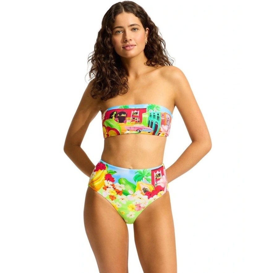 SEAFOLLY Women's Cuba High Waisted Bikini Bottom Size 12 Turquoise Multi NWT